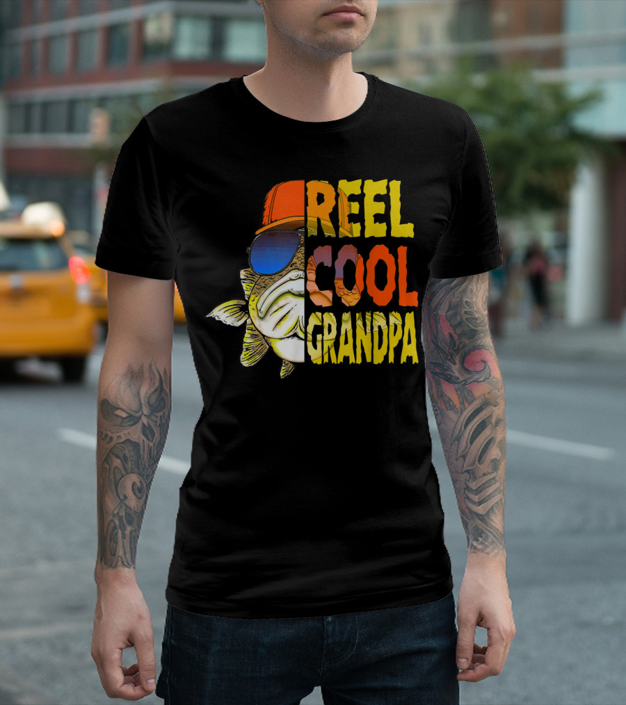 Reel Cool Grandpa Fishing Grandpa Fish Wearing Sunglasses and Hat T-Shirt