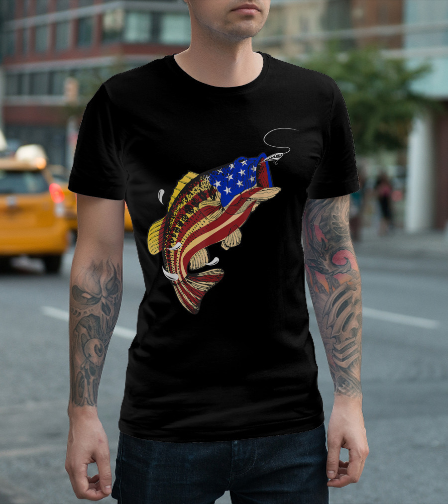 Bass Fishing American Flag 4th of July Fish T-Shirt