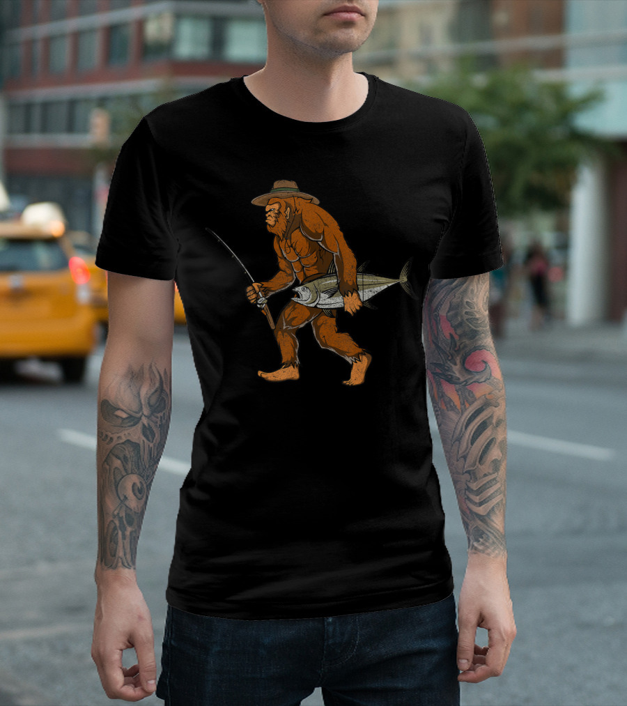 Bigfoot Bass Fisherman Catching Fish With Fishing Rod T-Shirt
