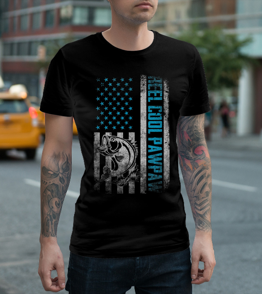 Father's Day Fishing Reel Cool Pawpaw with American Flag and Bass Fish T-Shirt