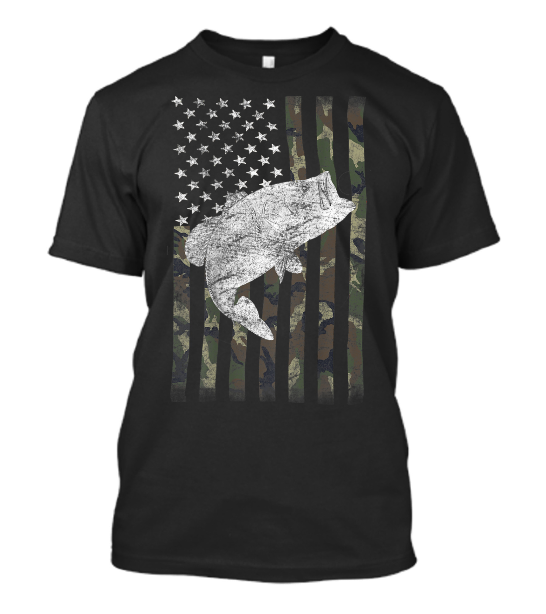 Funny Camouflage Flag With Big Mouth Bass Fishing T-Shirt