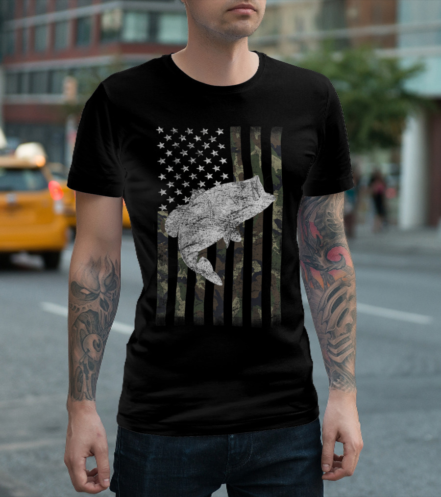 Funny Camouflage Flag With Big Mouth Bass Fishing T-Shirt