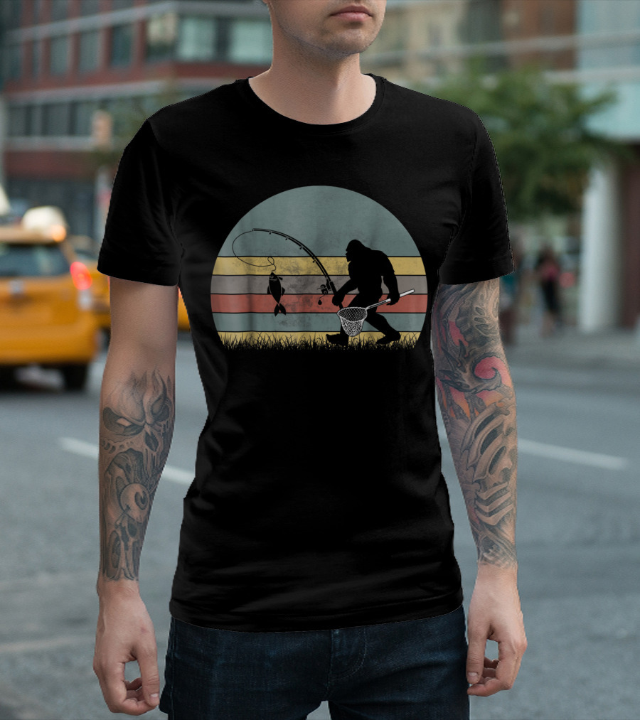 Bigfoot Fishing Retro Stripes T-Shirt