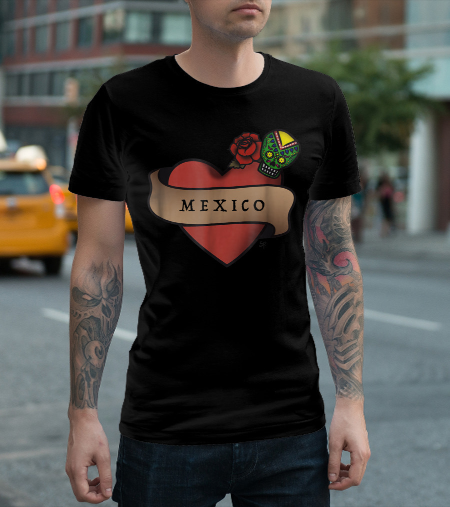 I Love Mexico Dia De Los Muertos Mexico Heart Sugar Skull Rose T-Shirt