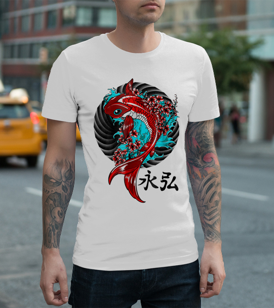 Koi Fish Floral with Japanese Characters T-Shirt