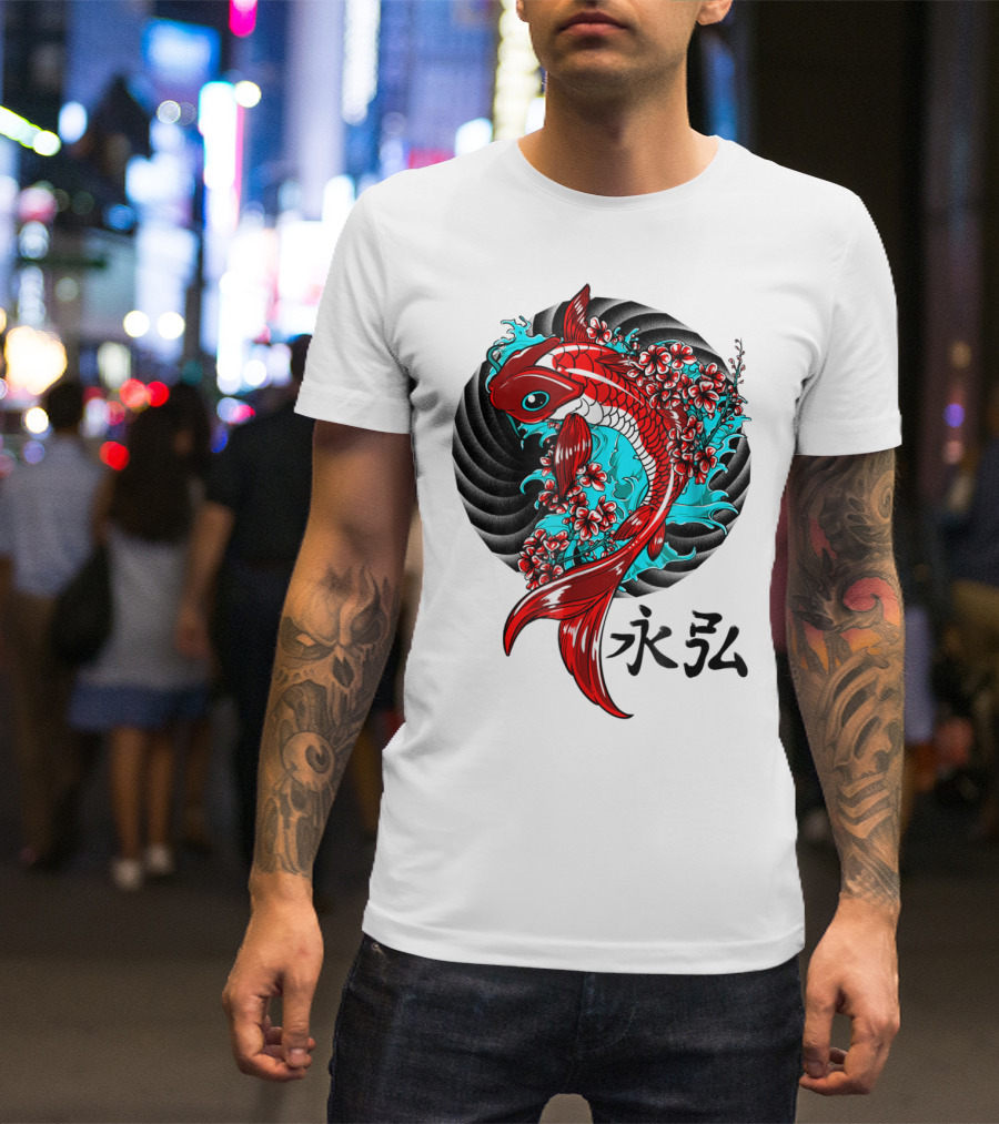 Koi Fish Floral With Japanese Characters T-Shirt