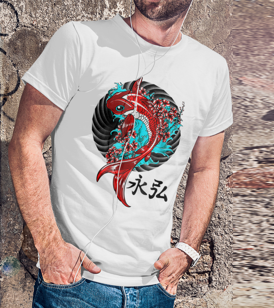Koi Fish Floral With Japanese Characters T-Shirt