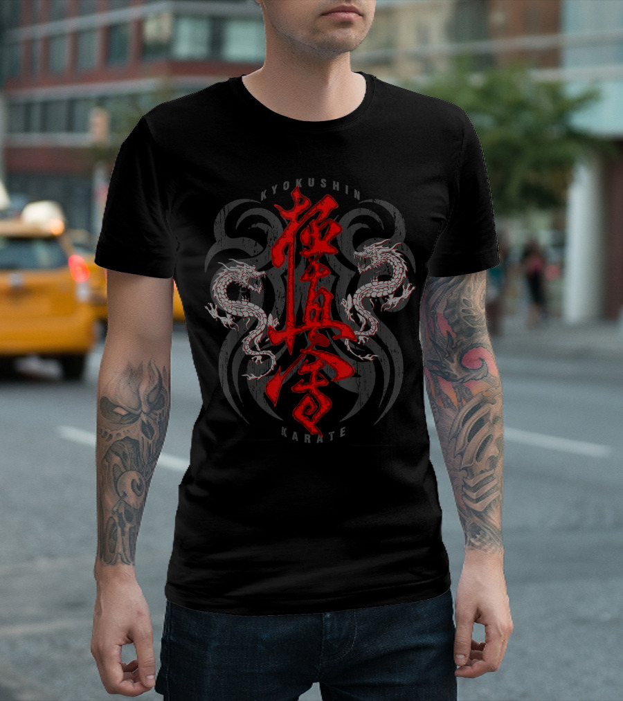 Kyokushin Karate Dragons and Kanji with Dual White Eastern Dragons T-Shirt
