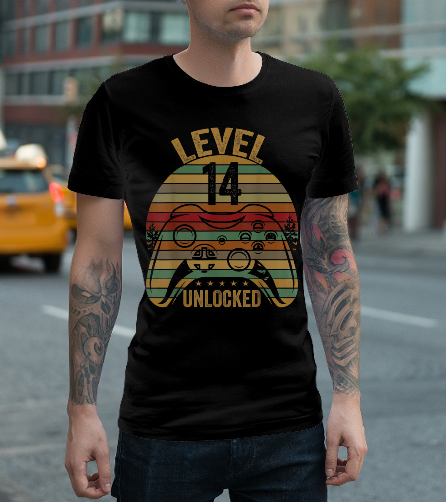 Level 14 Unlocked Gaming Themed Birthday 14 Year Old Boy Retro Controller T-Shirt