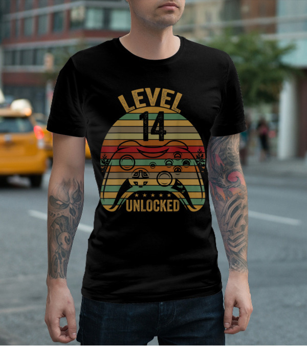 Level 14 Unlocked Gaming Themed Birthday 14 Year Old Boy Retro Controller T-Shirt