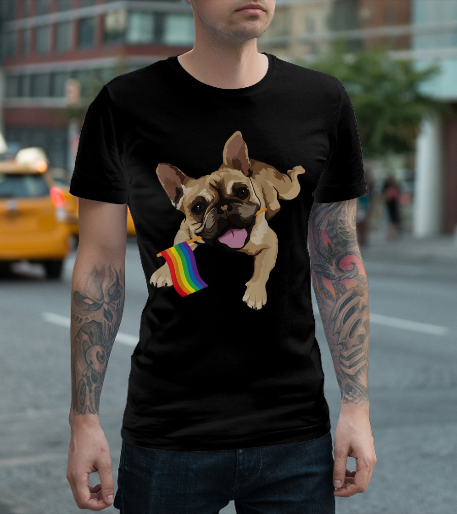 Men Women Kids French Bulldog Holding Gay Pride Flag T-Shirt
