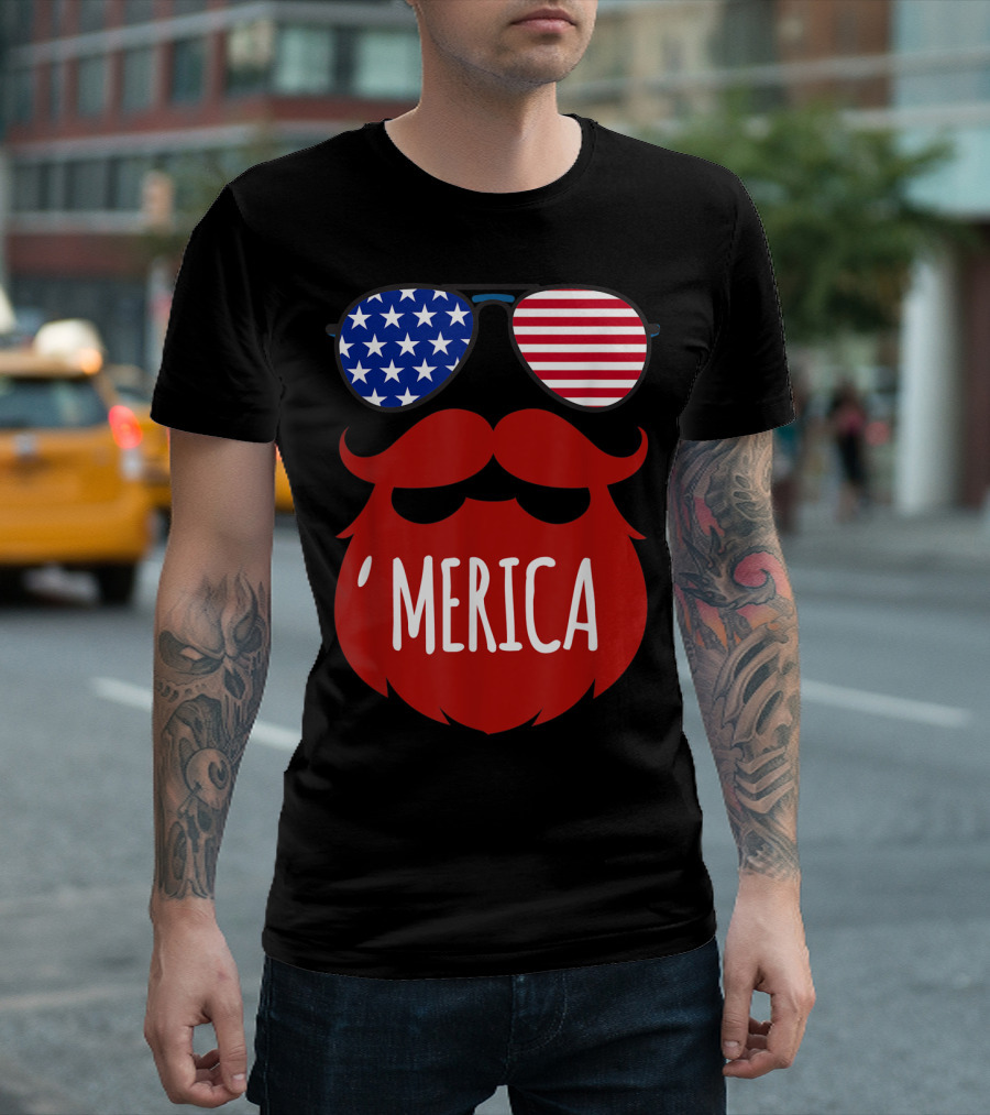 Mens 4th Of July 'Merica Beard Sunglasses American Flag Stars Stripes T-Shirt