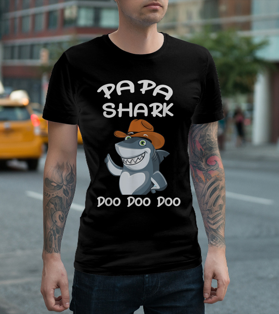 Papa Shark Doo Doo Doo Cartoon Cowboy Hat Father T-Shirt