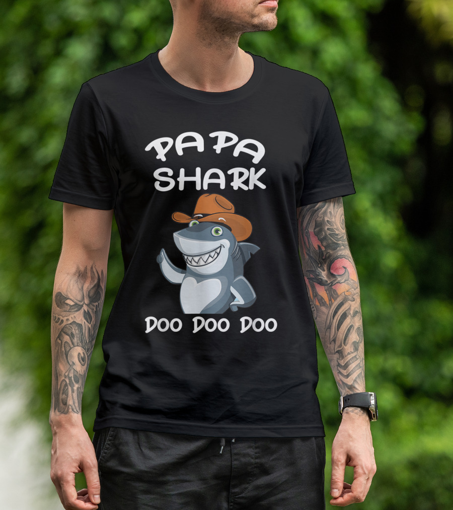 Papa Shark Doo Doo Doo Cartoon Cowboy Hat Father T-Shirt