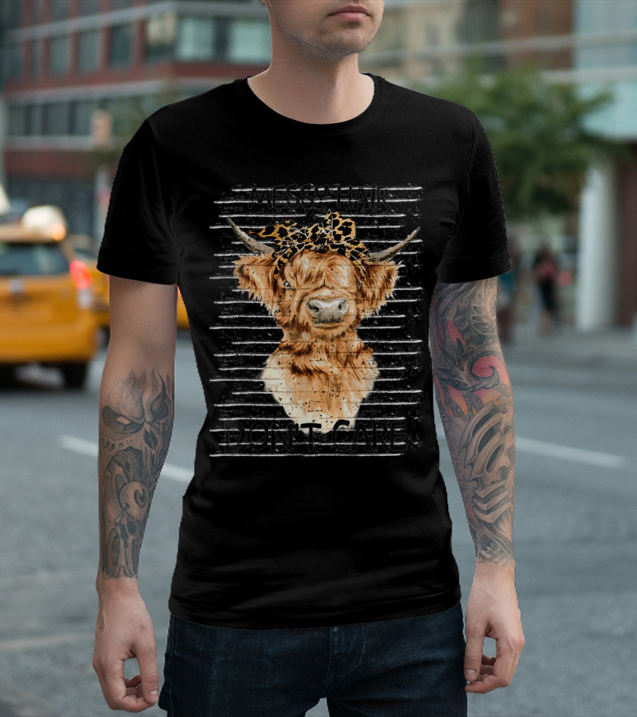 Messy Hair Don't Care Highland Cow Leopard Print Headband T-Shirt
