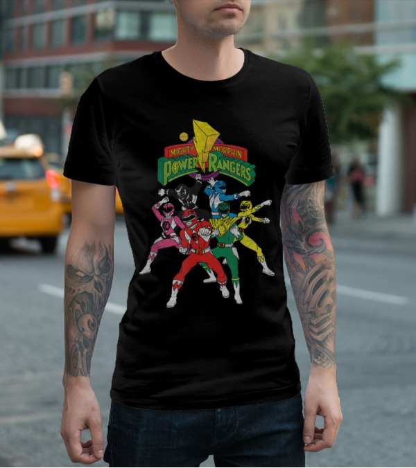Mighty Morphin Power Rangers Full Team Pose With Original T-Shirt