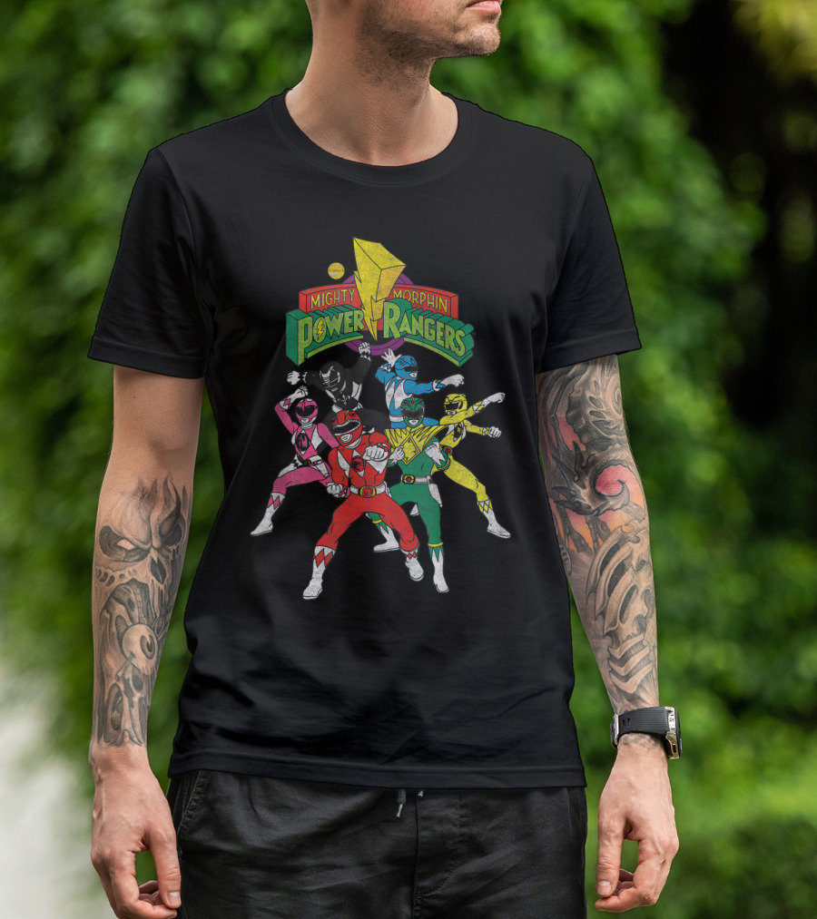 Mighty Morphin Power Rangers Full Team Pose With Original T-Shirt