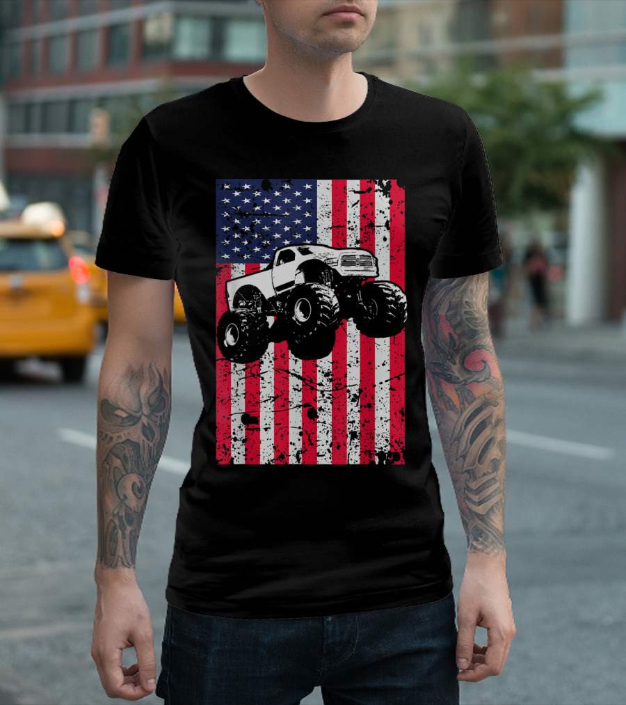 Monster Truck American Flag USA Patriotic Racing T-Shirt