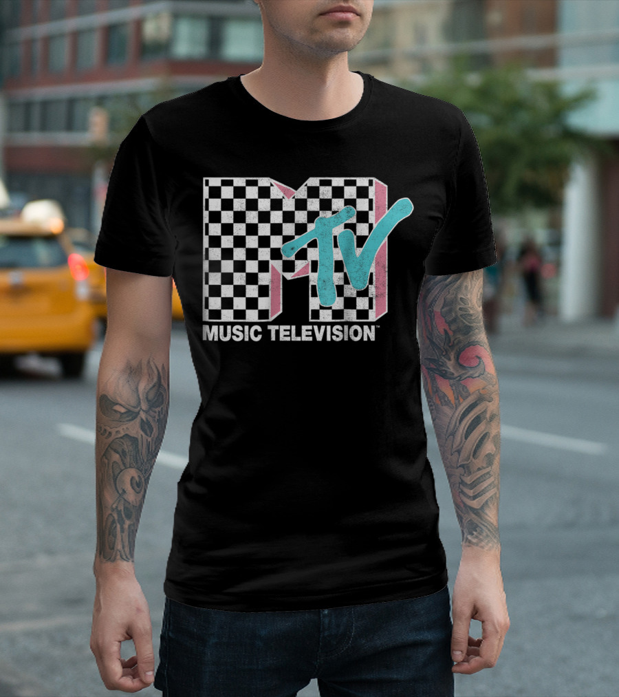 MTV Music Television Neon Distressed Checkered T-Shirt