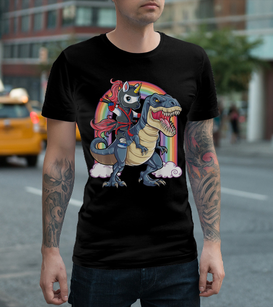 Ninja Unicorn Riding Dinosaur Rex Under Rainbow Clouds T-Shirt