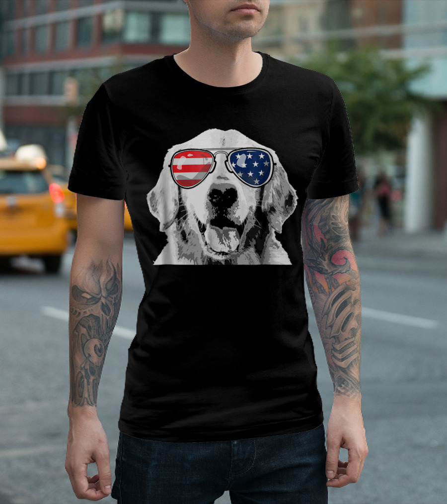 Golden Retriever with American Flag Sunglasses for 4th of July T-Shirt
