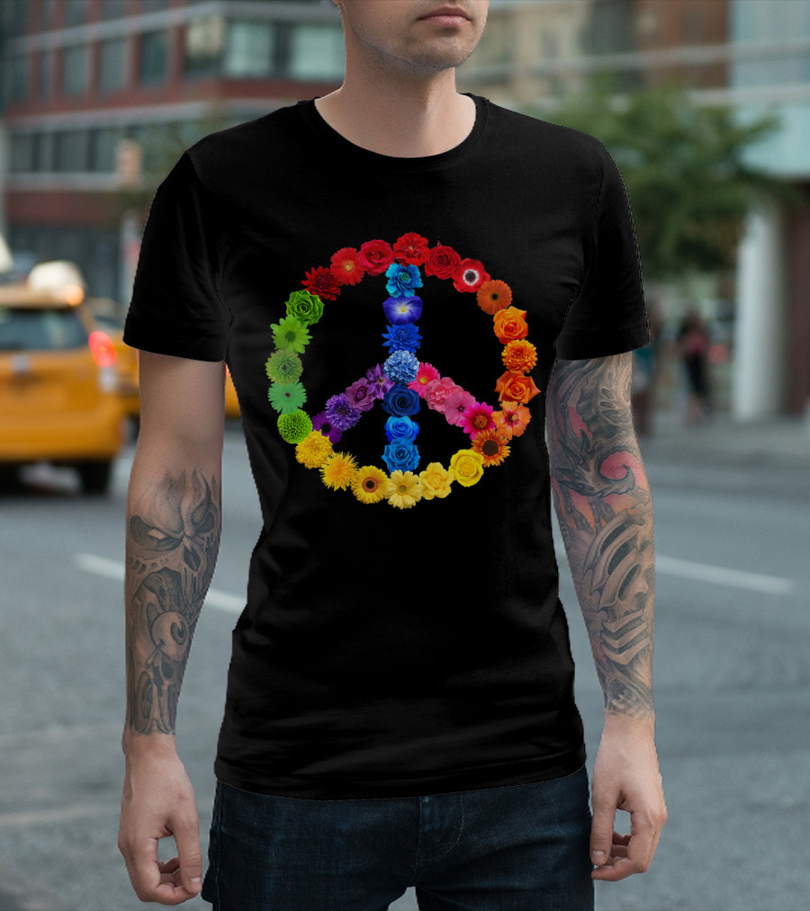 Rainbow Peace Sign Floral Love 70s 60s Retro Vibe T-Shirt