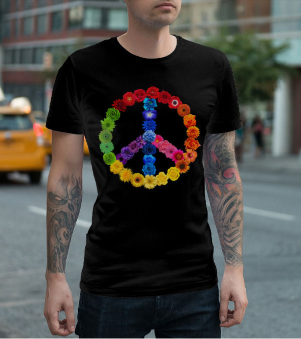 Rainbow Peace Sign Floral Love 70s 60s Retro Vibe T-Shirt