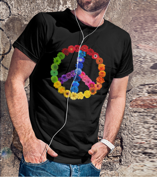 Rainbow Peace Sign Floral Love 70s 60s Retro Vibe T-Shirt