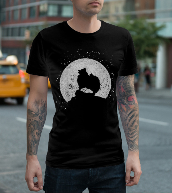 Pomeranian Howling Silhouette Against Full Moon Night Scene T-Shirt