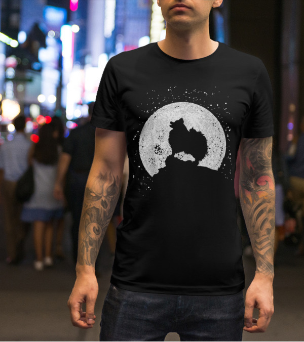 Pomeranian Howling Silhouette Against Full Moon Night Scene T-Shirt