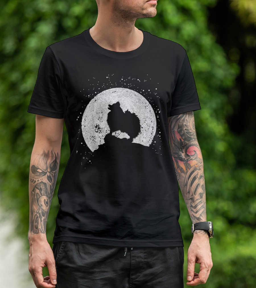 Pomeranian Howling Silhouette Against Full Moon Night Scene T-Shirt