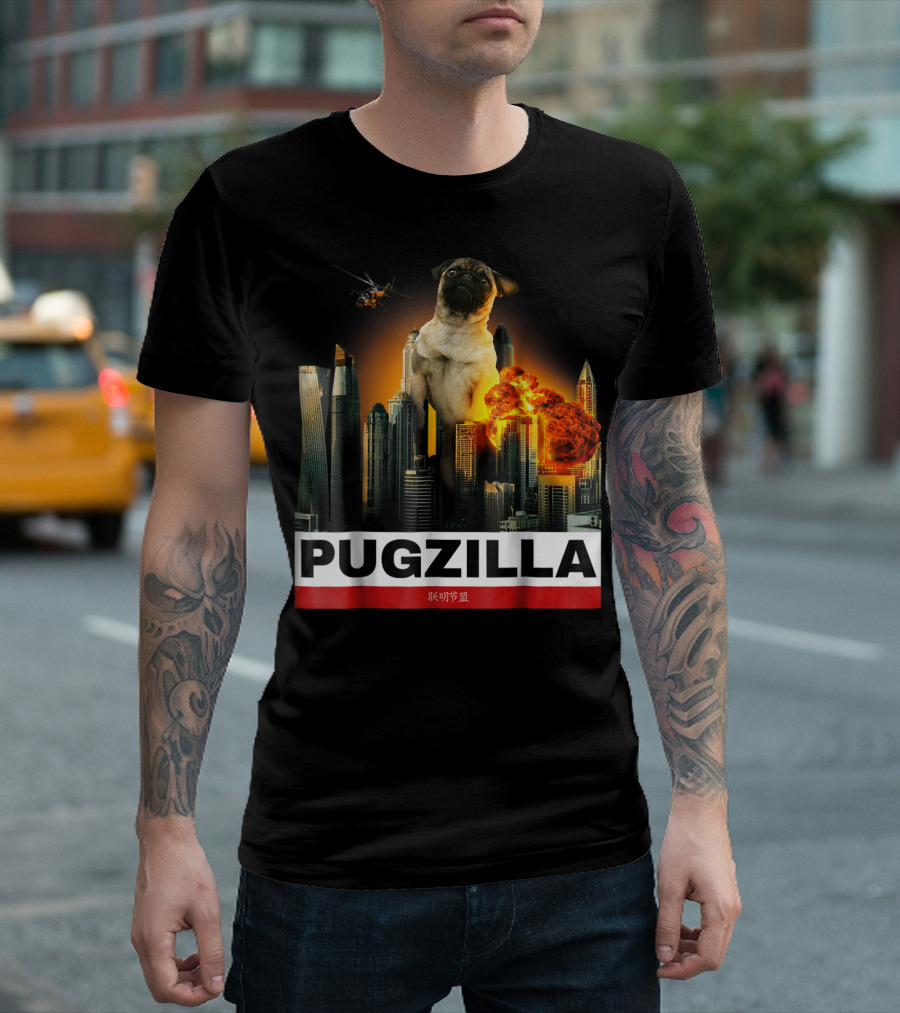 Pugzilla Helicopter Explosion City Skyline Cute Pug T-Shirt