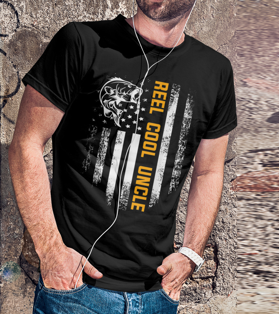 Reel Cool Uncle Vintage Flag Fishing Father Bass American Flag T-Shirt
