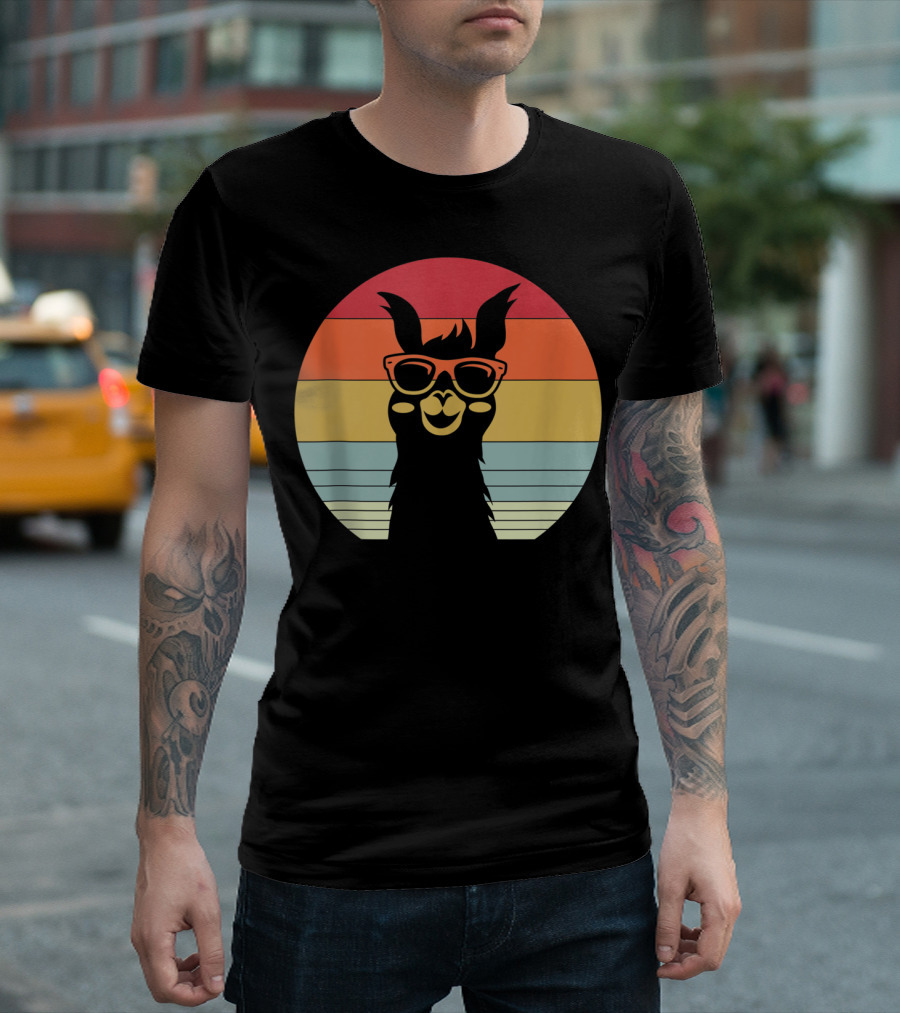 Retro Vintage Best Llama Dad Ever Father's Day Sunset Stripes T-Shirt