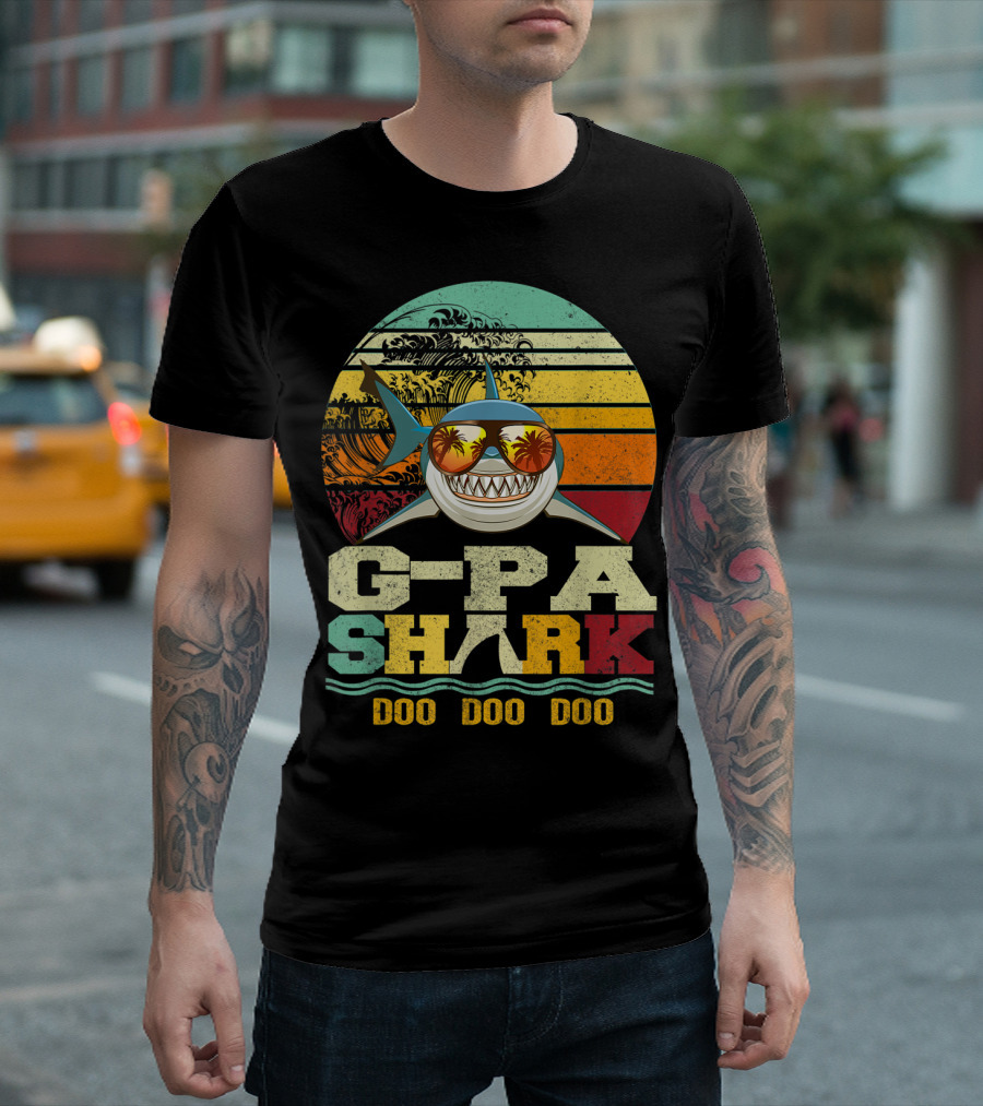 G Pa Shark Doo Doo Doo Retro Vintage Beach Sunset Wave Sunglasses Palm Trees T-Shirt