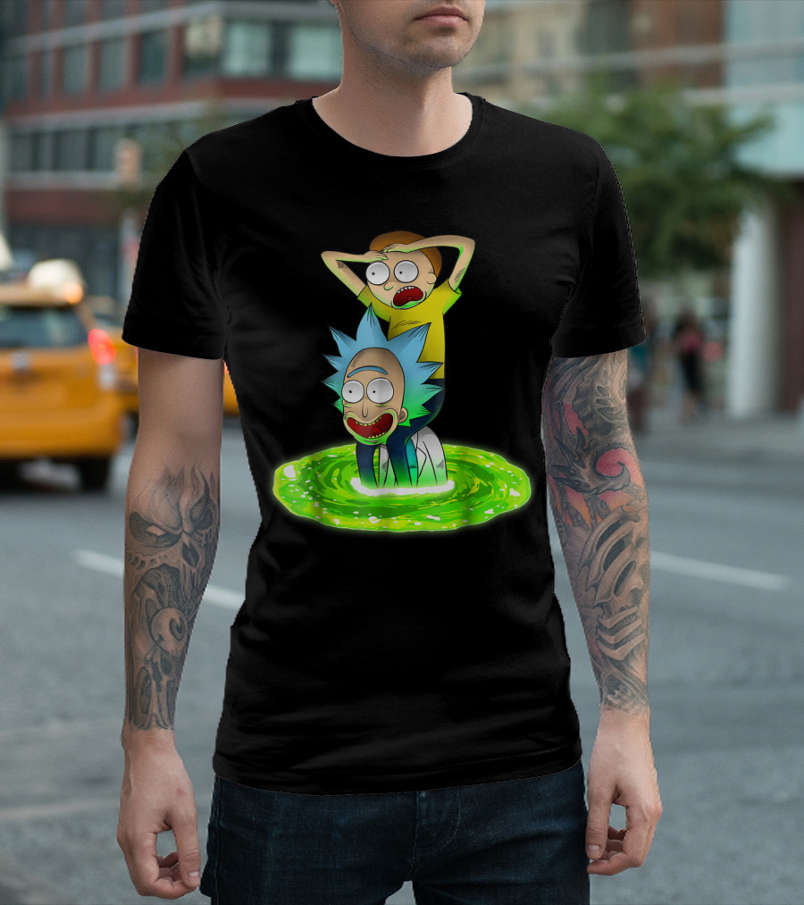 Rick And Morty Emerging From Green Portal Adventure T-Shirt