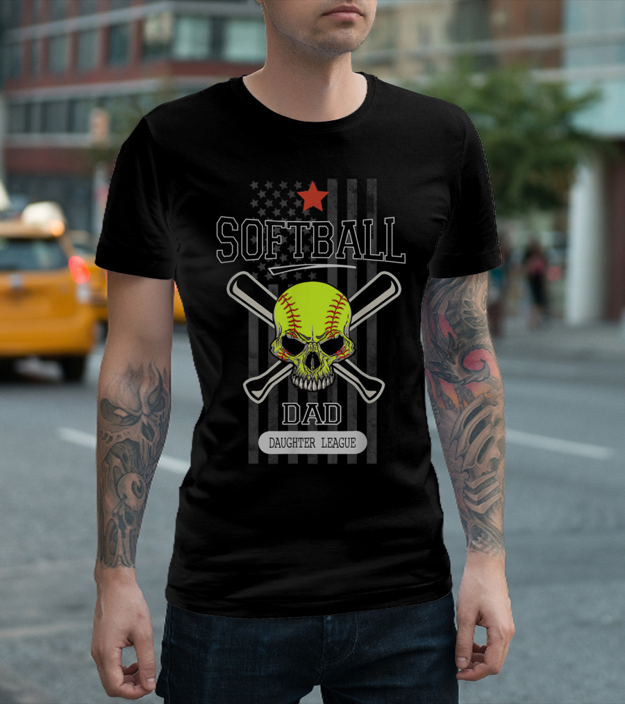 SOFTBALL DAD DAUGHTER LEAGUE Skull Crossed Bats Star Flag T-Shirt