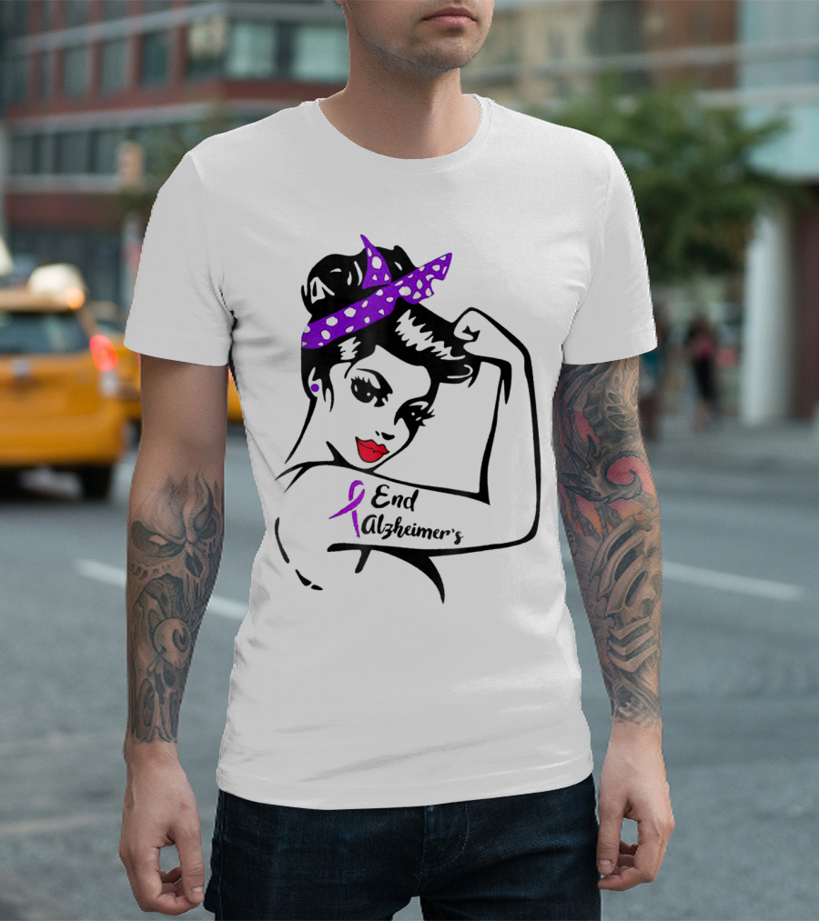 Strong Woman End Alzheimer's Awareness Purple Ribbon Rosie the Riveter T-Shirt