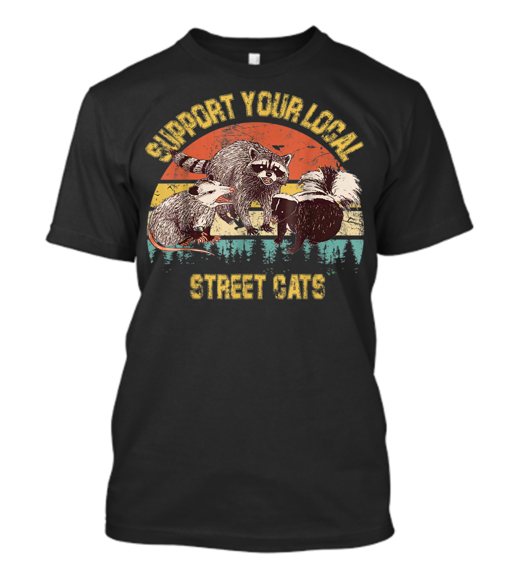Support Your Local Street Cats Raccoon Opossum Skunk Vintage Sunset T-Shirt