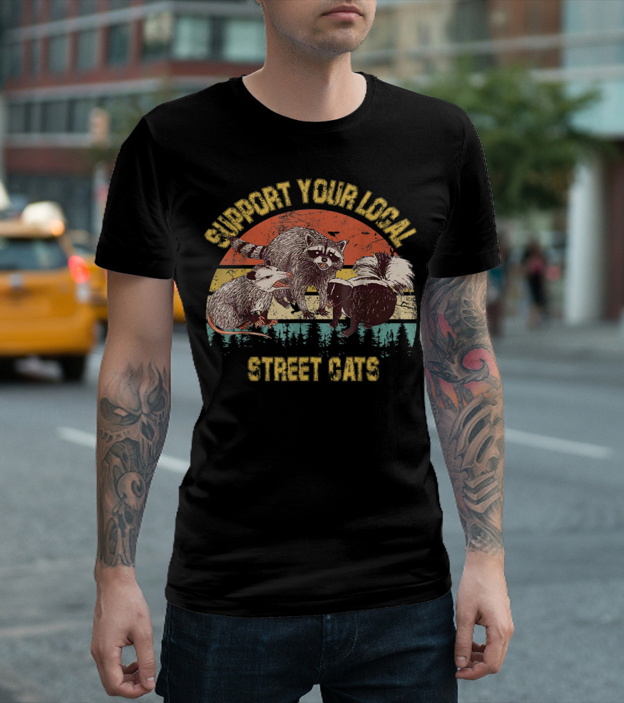 Support Your Local Street Cats Raccoon Opossum Skunk Vintage Sunset T-Shirt