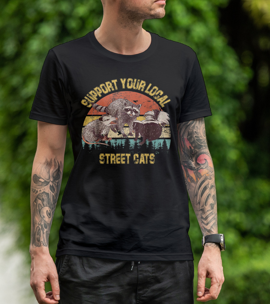 Support Your Local Street Cats Raccoon Opossum Skunk Vintage Sunset T-Shirt
