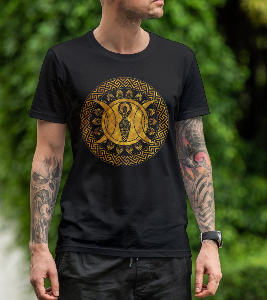 Triple Moon Wiccan Pagan Spiral Goddess Geometric Gold T-Shirt