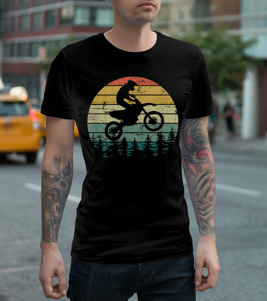 Vintage Motocross Sunshine Dirt Bike Silhouette Forest Retro T-Shirt