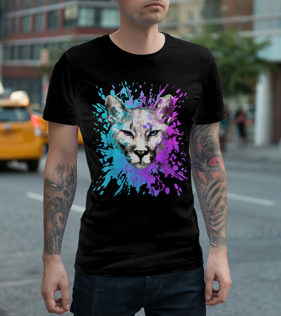 Watercolour Cougar Mountain Lion Artsy Splatter T-Shirt