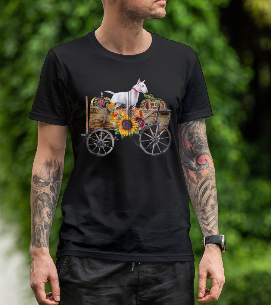 Bull Terrier Sunflower And Pumpkin Wagon In Country T-Shirt