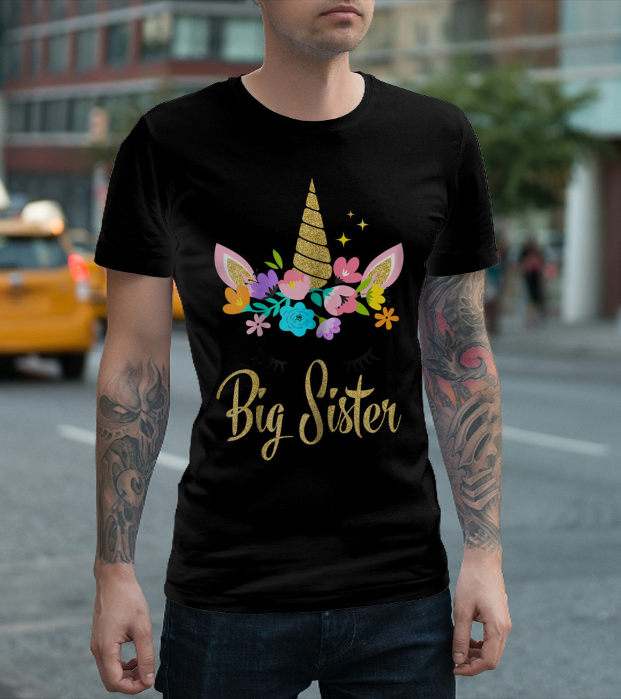 Big Sister Unicorn Floral Horn and Ears T-Shirt