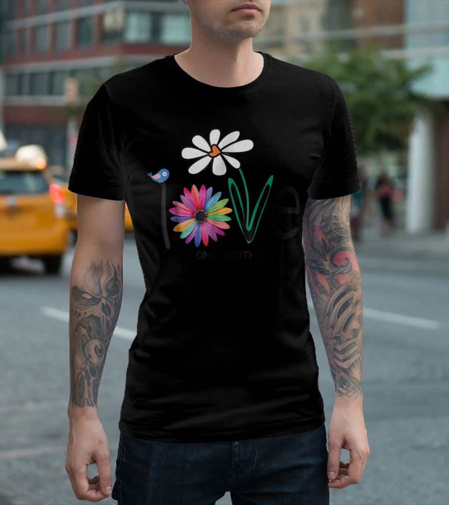Love One Another Daisy Rainbow Flower Bird Hippie T-Shirt