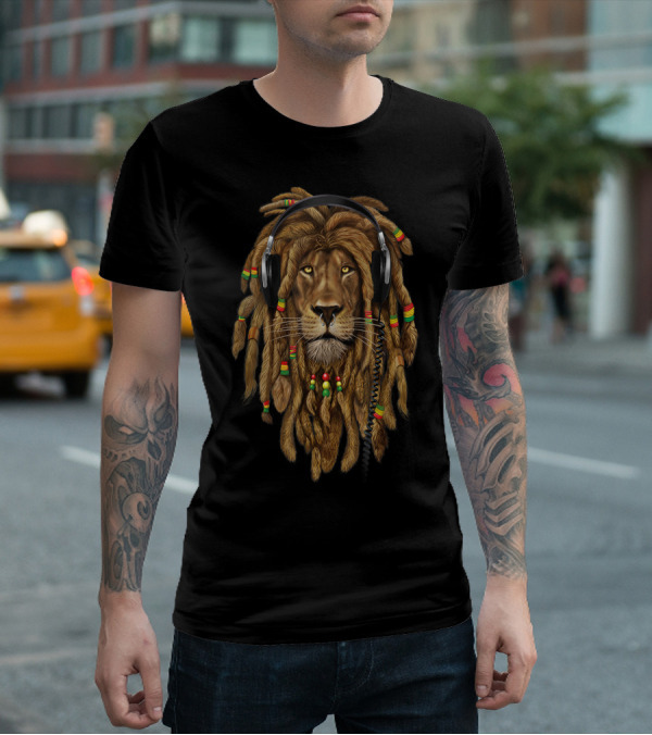 Marley Lion Dreadlock Rastafari Headphones Reggae T-Shirt