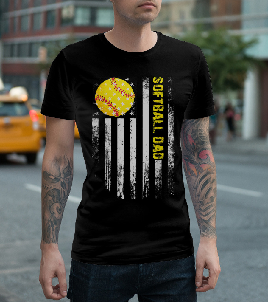 Softball Dad American Flag Father's Day T-Shirt