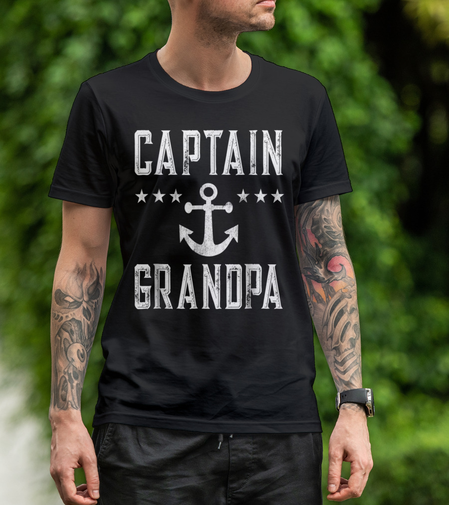 Captain Grandpa Anchor Stars Vintage Mens Boating T-Shirt